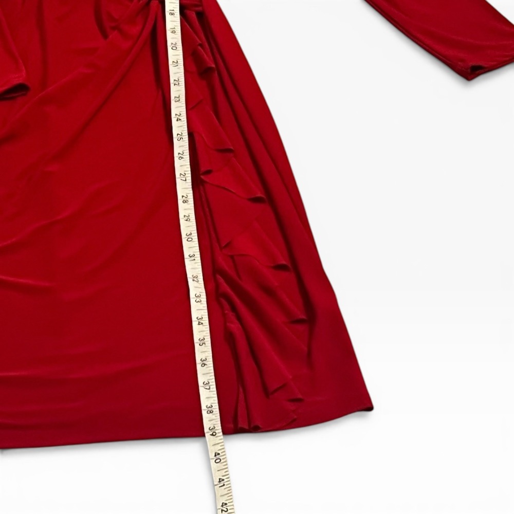 Lauren Ralph Lauren Red Ruched Ruffle Sheath Dress Long Sleeve Size 10 Stretch - Picture 5 of 11